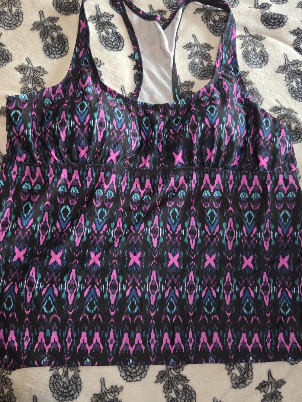 Ava & Viv Black Racerback Swim Tank with Pink & Teal Geometric Print